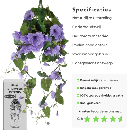 Cheqo® Hangende Kunstbloem Petunia - Hangende Plant - Klimop - Decoratieve Kunsttak - Paars Groen - Perfect voor Interieur