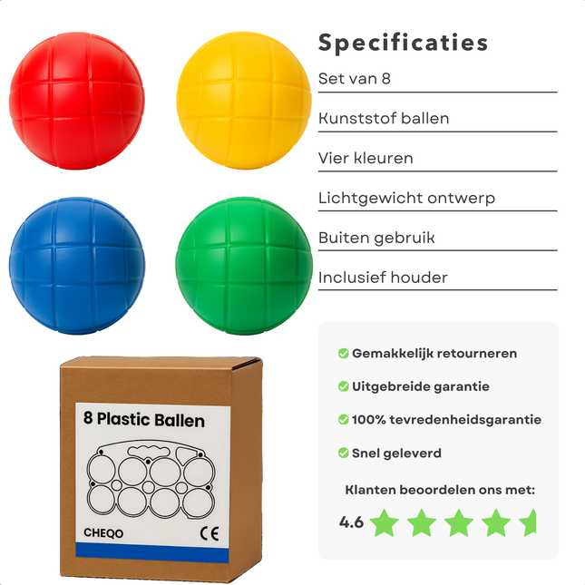 Cheqo® Jeu De Boules Set - 8 Kunststof Ballen - 4 Kleuren Ballen - Petanque Set - Kunststof Petanque - Kleurrijke Ballen - Set Van 8 - Werpspel