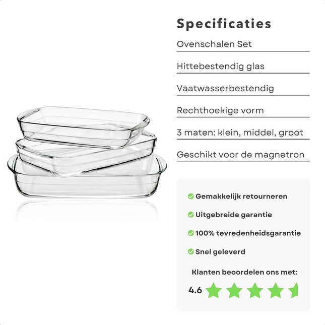 Cheqo® Ovenschalen Set - Extra Sterk Glas - Rechthoekig - Verschillende Formaten - Hittebestendig - Geschikt voor Oven en Magnetron - Vaatwasserbestendig - 3-delige Set - Ovenschaal - 1.6 L - 2.6 L - 3.6 L Ovenschalen