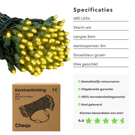 Cheqo® Kerstverlichting - Kerstlampjes - Kerstboomverlichting Binnen en Buiten - 480 LED Lampjes - Warm Wit Licht - Lichtsnoer 36 Meter - IP44 Spatwaterdicht - Groene Snoer - LED Lichtsnoer - 39 Meter
