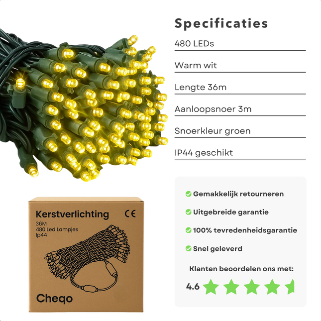 Cheqo® Kerstverlichting - Kerstlampjes - Kerstboomverlichting Binnen en Buiten - 480 LED Lampjes - Warm Wit Licht - Lichtsnoer 36 Meter - IP44 Spatwaterdicht - Groene Snoer - LED Lichtsnoer - 39 Meter