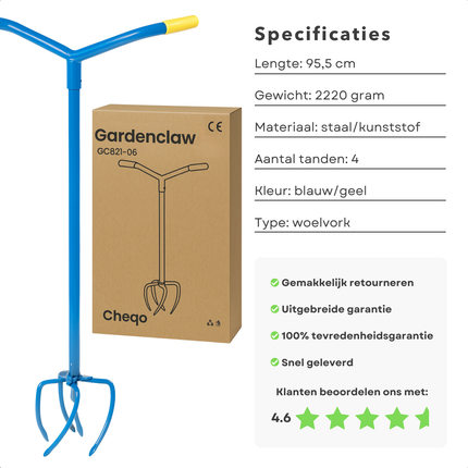 Cheqo® Tuinklauw met Lange Steel – Woelvork 95 cm – Grond Losmaken & Beluchten – Onkruidtrekker – Ergonomisch Tuin Gereedschap – 4 Tanden – Rugvriendelijk – Staal & Kunststof – Cultivator voor Hoveniers