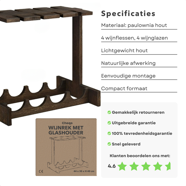 Cheqo® Wijnrek Hout - Ophangrek Wijnglazen - Glazenrek - Flessenrek Voor 4 Flessen met Glashouder - Wijnflessen Rek - Wijnflesrek - Paulownia Hout