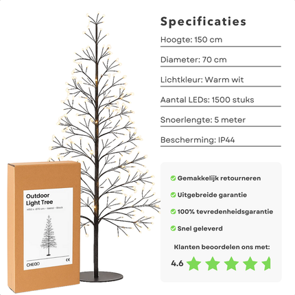 Cheqo® Kerstboom LED - Kerstverlichting Buiten - Warm Wit Licht - Micro LED-Lampjes - Spatwaterdicht IP44 - Buiten Kerst Verlichting - Tuinverlichting Kerst - 150 CM Hoogte - Sfeervol Licht - Lichtboom