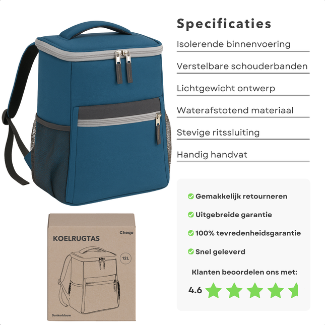 Cheqo® Koelrugtas 12L - Koelrugzak - Koeltas - Lunchtas - Picknicktas - Donkerblauw - Isolerende Rugzak voor Picknick - Compact en Waterdicht