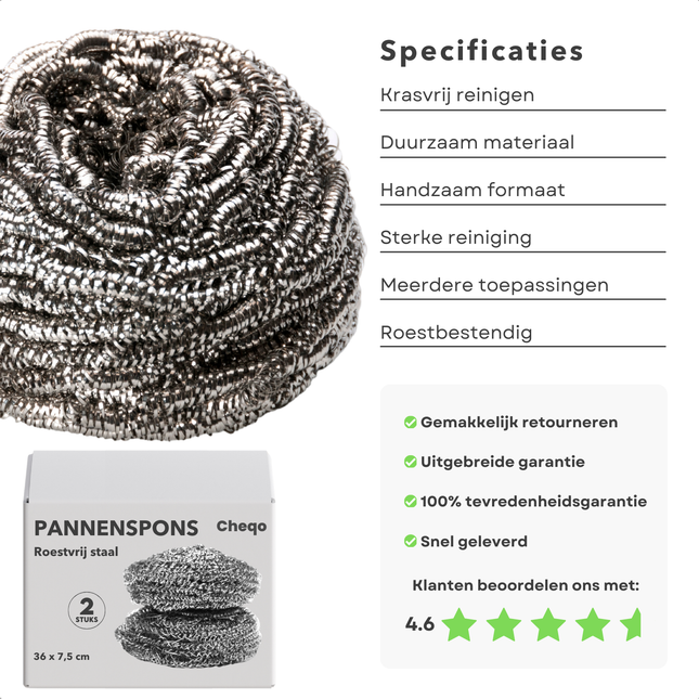 Cheqo® RVS Pannenspons - Krasbestendige Schrobber - Potten en Pannen Reiniging - 2 Stuks - Staalwol - Schuursponsjes - Staalspons