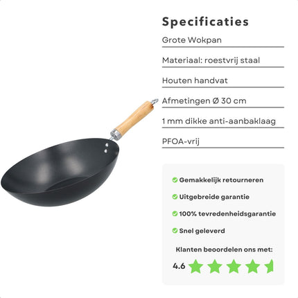 Cheqo® Grote Wokpan 30cm - Voor Alle Warmtebronnen - Soft Touch Handgreep - Gelijkmatige Warmteverdeling - Pannen - Bakpan - Lange Levensduur - Extra Hoge Randen - Wok Pan - Anti-Aanbaklaag Wokpannen
