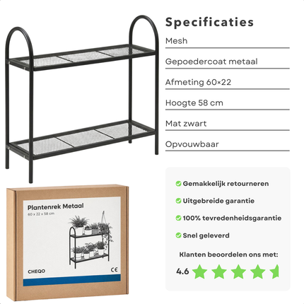 Cheqo® Plantenrek - Plantenstandaard - Bloemenstandaard - Bloemenrek - Plantenrek Zwart - Plantenstandaard Zwart - Opvouwbaar Plantenrek - Opvouwbare Plantenstandaard - Plantenrek Binnen - Plantenrek Buiten
