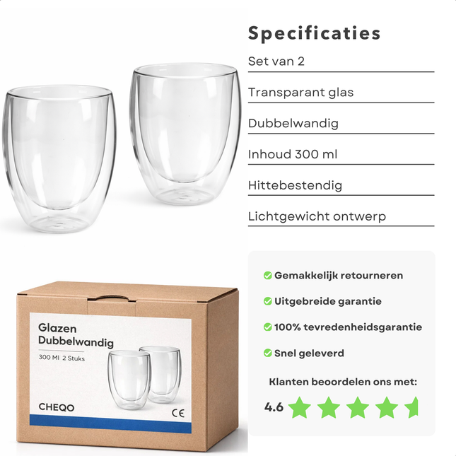 Cheqo® Dubbelwandige Cappuccino Glazen - Cappuccino Glazen - Dubbelwandige Koffieglazen - Dubbelwandige Glazen - Koffieglazen