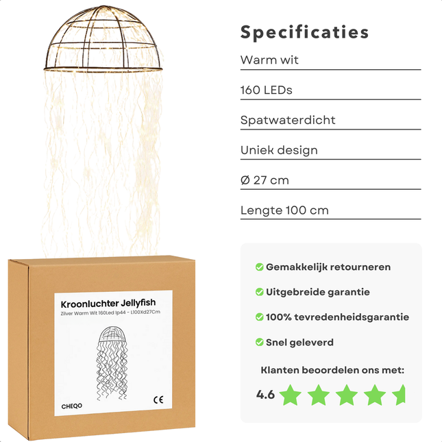 Cheqo® Kroonluchter Kwal - Kerstverlichting - Buitenlamp Terrass - Warm Witte LED Verlichting - 160 LED Lampjes - Spatwaterdicht - Voor Buitengebruik - Opvallende Blikvanger - Kerstdecoratie - Zilveren Design