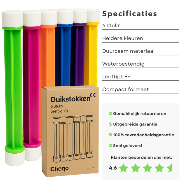 Cheqo® Duikstokken Kinderen - Duikspeelgoed - Duikstokjes met Heldere Kleuren - Duiken - Duikstaafjes - Zwembad Speelgoed - 6 Stuks - Onderwater Spelletjes