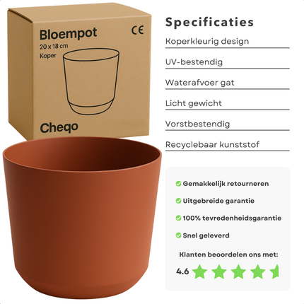 Cheqo® Bloempot Bruin - Bruine Plantenpot - Plantenbak - Kunststof 20x18 cm - Voor Binnen en Buiten - Ideaal voor Balkon