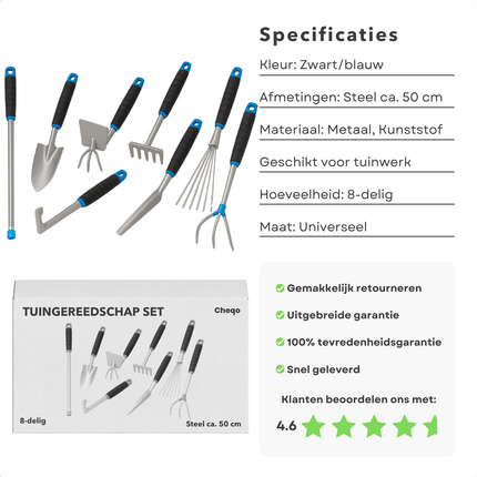 Cheqo® Tuingereedschap Set - Tuingereedschapset - 8-Delig - Tuinset - Tuin Set - Metaal en Kunststof - Schep - Hark - Voegms - Tuinklauw