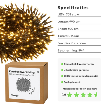 Cheqo® Kerstverlichting - Kerstlampjes - Kerstboomverlichting - Extra Warm Wit - 768 LED - 8 Lichtfuncties - Automatische Timer - Binnen en Buiten - IP44 Adapter - Zwart Snoer - 990 CM Lengte - Geheugenfunctie - Clusterverlichting