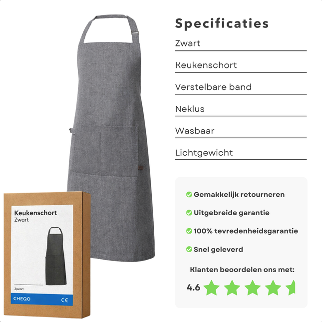 Cheqo® Keukenschort Zwart - Kookschort Zwart - Schort Zwart - Bbq Schort Zwart - Unisex Schort Zwart - Horeca Schort Zwart - Professioneel Keukenschort Zwart