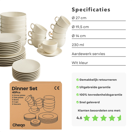 Cheqo® Serviesset 8 Persoons - 40-Delige Serviesset - Witte Serviesset - Aardewerk Servies - Vaatwasserbestendig Servies - Magnetronbestendig Servies - Elegante Tafelsetting - Borden En Kommen - Kopjes Met Schotel - Ronde Borden