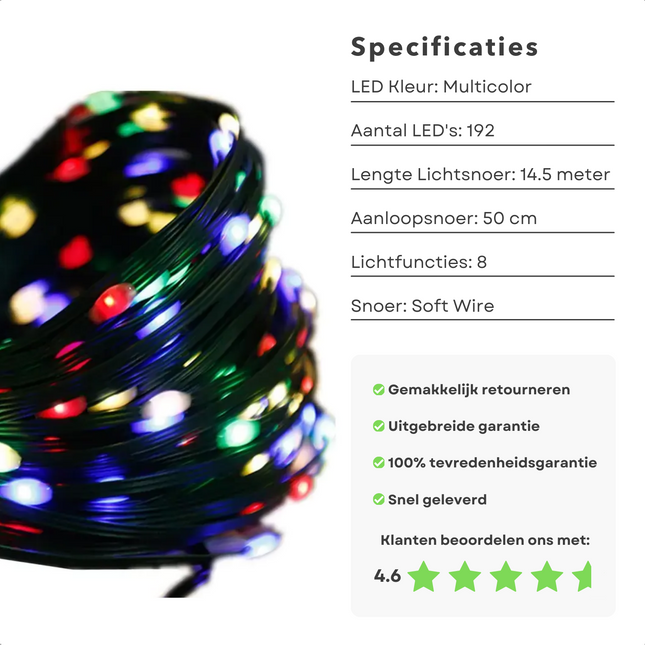 Cheqo® Kerstverlichting - Kerstboomverlichting - Kerstlampjes - 192 LED - 15M - Voor Binnen en Buiten - Timer - Veelkleurig - 8 Lichtfuncties - Op Batterijen - Multicolor - Gekleurde Kerstverlichting - Sfeerverlichting - Feestverlichting Kerstboomverlichting
