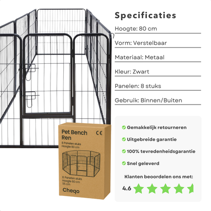 Cheqo® Opvouwbare Hondenren Zwart – Puppyren 80 cm Hoog – 8 Panelen met Deur – Metalen Hondenkennel – Binnen- en Buiten Gebruik – Weersbestendig – Verstelbare Kattenren – Compact Opbergen – Zonder Gereedschap