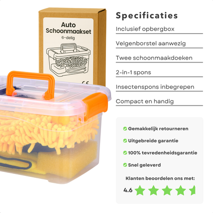 Cheqo® Auto Schoonmaakset - Car Cleaning Set - Velgenborstel - Schoonmaakdoeken - 2-In-1 Spons - Insectenspons - Auto Interieur Reiniging - Auto Exterieur Reiniging - Opbergbox Auto - Auto Poets Set - Auto Wassen - Auto Detailing
