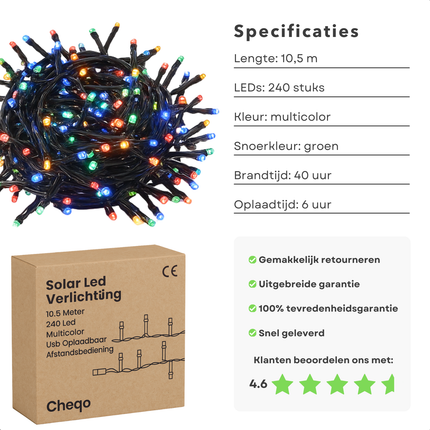Cheqo® Solar Lichtsnoer - Kerstverlichting Buiten - Kerstboomverlichting - Cluster Verlichting - 10.5 Meter - 240 Led - Met Afstandsbediening - Multicolour - Tuinverlichting Op Zonne-Energie - Sfeerverlichting Buiten - Lichtslinger - Met Timer