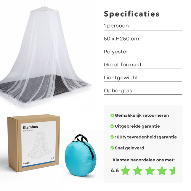 Cheqo® Klamboe 1 Persoons - Muskietennet 1 Persoons - Muggennet 1 Persoons - Reisklamboe 1 Persoons - Klamboe Voor Op Reis - Klamboe Voor Thuis - Klamboe Wit - Ronde Klamboe - Klamboe Bed