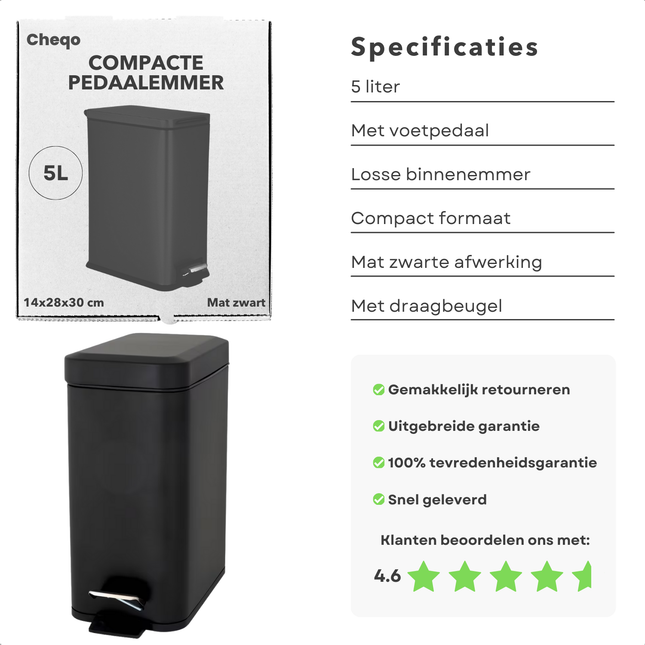 Cheqo® Pedaalemmer Zwart 5L - Vuilnisemmer - Prullenbak - Afvalbak - Modern - Metalen Afvalemmer - Compacte Prullenbak Keuken