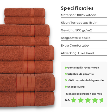 Cheqo® Handdoeken Set - Set van 8 Stuks - Terracotta/Bruin - Verschillende Maten - 100% Katoen - 500 gr/m2 - Handdoek - Hotel Kwaliteit - Handdoek Badkamer - Zware Kwaliteit - Luxe Uitvoering - Extra Zacht & Stevig - Handdoekenset - Badhanddoeken Handdoeken