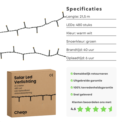 Cheqo® Solar Lichtsnoer - Kerstverlichting Buiten - Kerstboomverlichting - Cluster Verlichting - 21.5 Meter - 480 Led - Met Afstandsbediening - Warm Wit Licht - Tuinverlichting Op Zonne-Energie - Sfeerverlichting Buiten - Lichtslinger - Met Timer