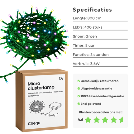 Cheqo® Microcluster Kerstverlichting - 400 LED Lampjes - 8 Meter Lengte - Multi Colour - 8 Lichtfuncties - Geheugenfunctie - Timer 8 Uur - IP44 Adapter - Voor Binnen En Buiten - Kerstboom Verlichting - Kerstboomverlichting - Kerstlampjes
