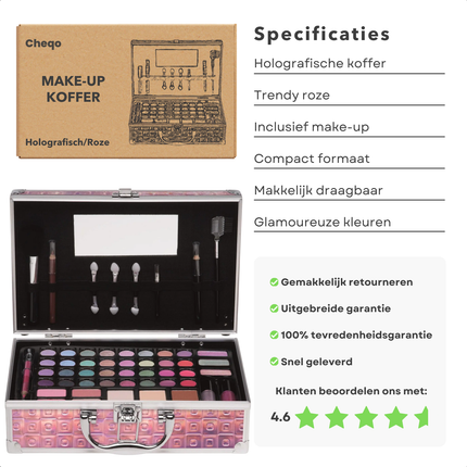 Cheqo® Glamour Make-up Koffer - Holografisch Roze - Kindermake-up Set - Draagbare Beautyset - Beauty Case met Vakken - Visagiekoffer - Cosmeticakoffer - Beautycase