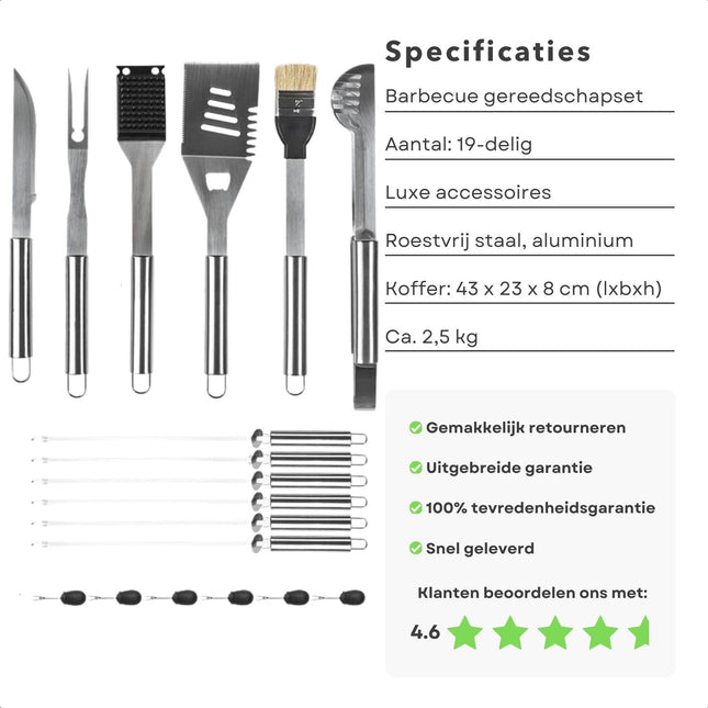 Cheqo® BBQ Gereedschapset - Barbecue Accessoires - Luxe Uitvoering - 19 Delige Set - RVS en Aluminium - Opbergkoffer - 3-in-1 Spatel - Barbecue Set - Vaderdagcadeau - Barbecuegerei Barbecuegerei-sets