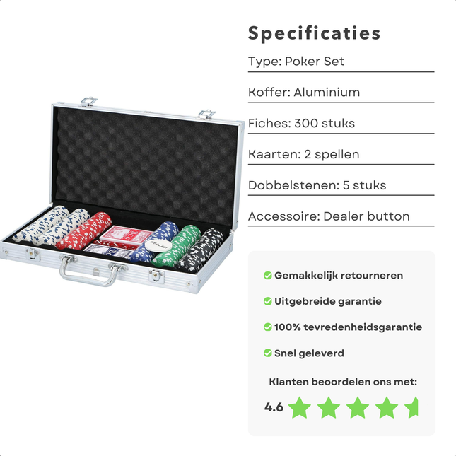 Cheqo® Pokerset - Poker Set in Aluminium Koffer - 300 Chips - Complete Set - Inclusief Kaarten en Dobbelstenen