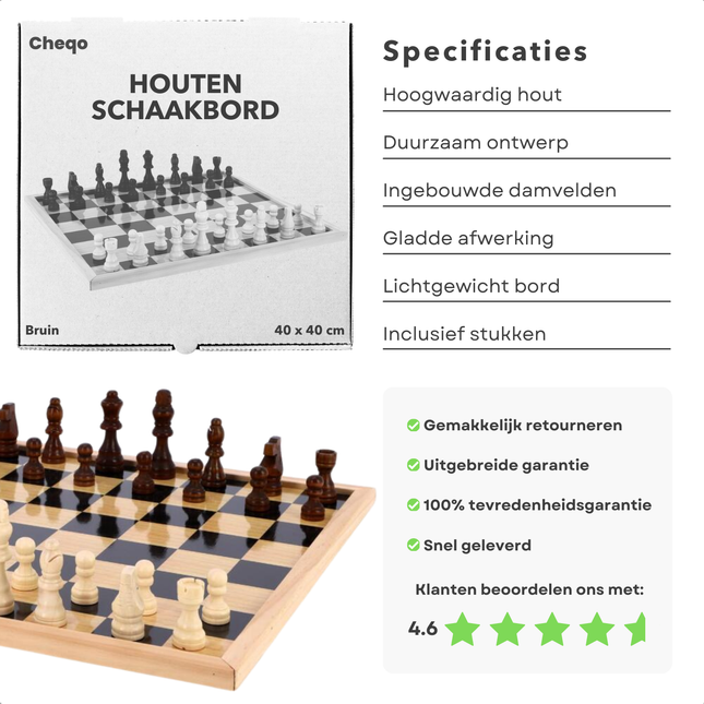 Cheqo® Houten Schaak- en Dambord Set - Schaakspel - Schaakbord - Dammen - Damset - Dambord - Strategisch Bordspel - Exclusief Stukken