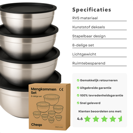 Cheqo® RVS Mengkommen Set - Beslagkommen Set - Mixkom - Kommen Stapelbaar en Met Deksel - 8-delige RVS Beslagkommen