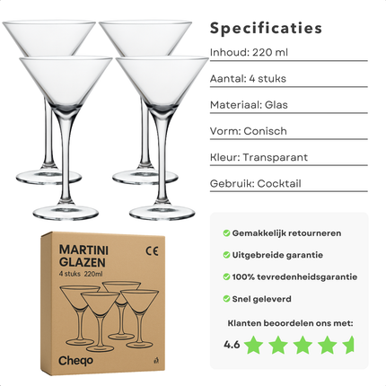 Cheqo® Martini Glazen Set - Martiniglas Set - Martiniglazen - Cocktail Glas Set - 220ml - Voor Cocktails en Martini's - Pornstar Martini Glas - Espresso Martini - 4 Stuks