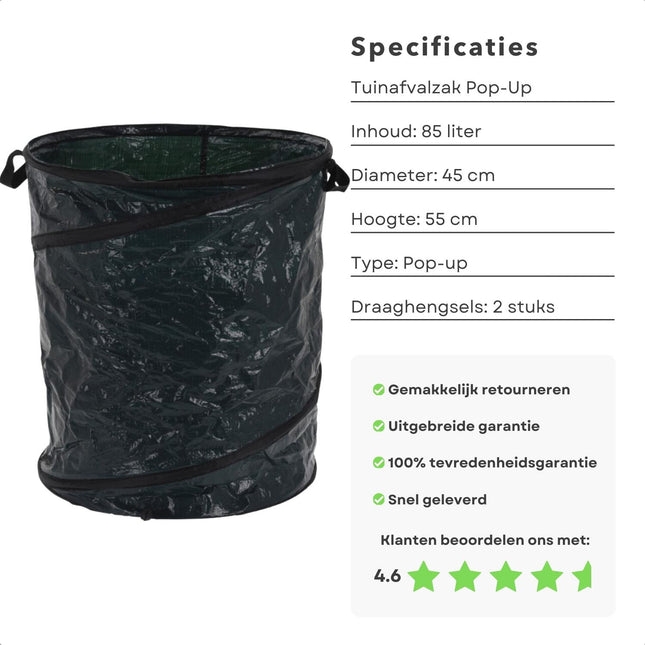 Cheqo® Grote Tuinafvalzak - 85 Liter - Opvouwbaar - Met Handige Draaghengsels - Tuinzak - Tuinafvalemmer - Bladzakken - Waterafstotend Tuinafvalzak -  Afvalzak Tuin - Handig Handvat tuinafvalzakken