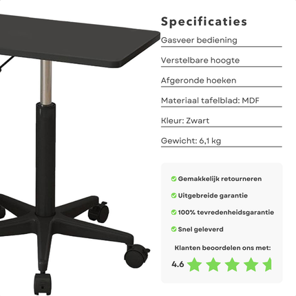 Cheqo® Verstelbare Bijzettafel op Wieltjes - Nachtkastje - Bedtafel - Tafelt - Banktafel - Laptoptafel - Bijzet Tafel Wielen - MDF Zwart