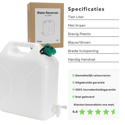 Cheqo® Jerrycan Met Kraan - 10 Liter - Kunststof Jerrycan - Water Jerrycan - Handgreep - Watertank - Transparant - Watertap - Limonadetap