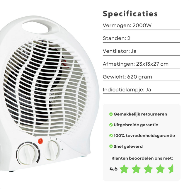Cheqo® Krachtige Elektrische Ventilatorkachel - 2000W - Thermostaat en Oververhittingsbeveiliging - Verwarming - Elektrische Verwarming voor Binnen - Ventilatorkachel - Keramische Kachel - Heater