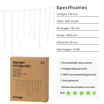 Cheqo® Ijspegel Lichtgordijn - 7.10 Meter - 360 LED's - Extra Warm Wit - Soft Wire - Kerstverlichting Buiten - Energiezuinige LED's - Spatwaterdicht IP44 - Binnen En Buiten - 8 Lichtfuncties - Groene Snoer - Lange En Korte Strengen - 3.6W Verbruik