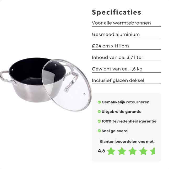 Cheqo® Gesmeed Aluminium Braadpan 3.7L - 24 cm - PFOA-vrij - Vaatwasserbestendig - Superieure Warmteverdeling - Voor Alle Warmtebronnen - Hapjespan - Koekenpan - Glazen Deksel - Inductie Braadpannen