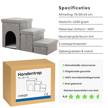 Cheqo® Opvouwbaar Hondentrap - Trapje Voor Huisdieren - Drie Compartimenten - Ingebouwde Mand - Opbergruimte Voor Speelgoed - Oxford Materiaal - MDF Constructie - 4200 Gram Gewicht - Huisdier Trap - Kleine Honden Trap