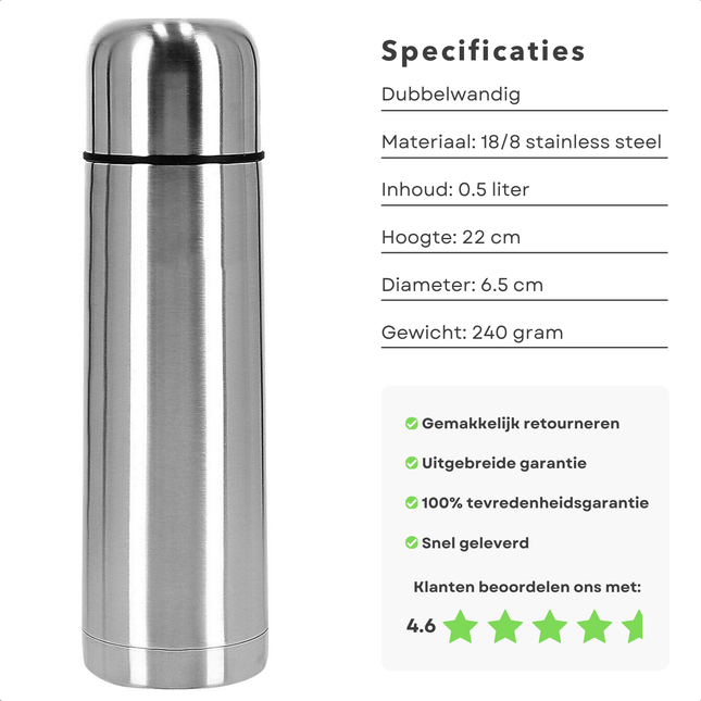 Stainless steel Cheqo® thermos bottle, double-walled, 0.5L capacity, specifications with 4.6-star customer rating.