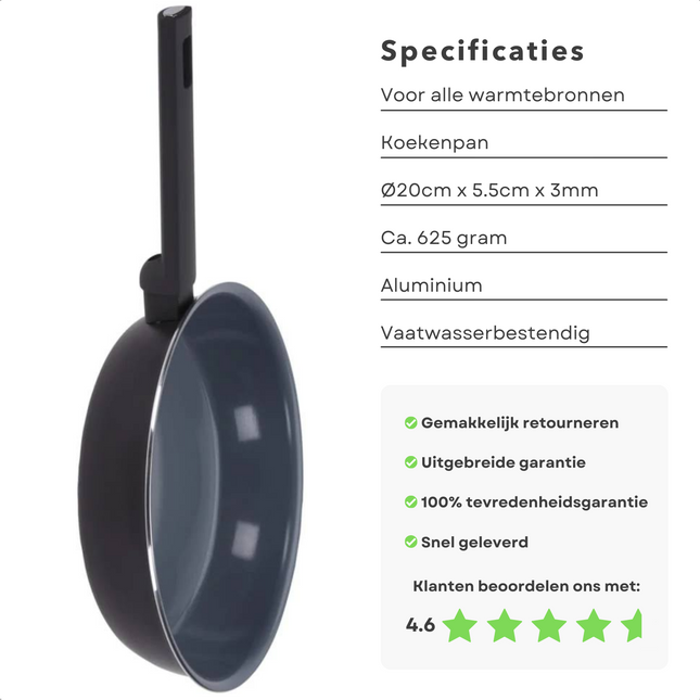 Cheqo® Koekenpan - Ø20cm - Aluminium - Non-Stick - Voor Alle Warmtebronnen - Vaatwasserbestendig - PFOA Vrij - Soft Touch Handvat - Ideaal voor Groenten, Vlees en Vis - Bakpan - Inductie - Gelijkmatige Warmteverdeling - Keramische Coating Koekenpannen