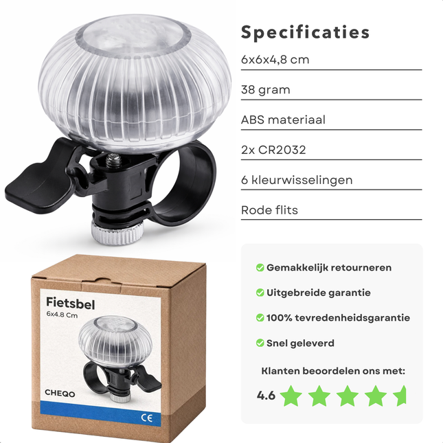 Cheqo® Fietsbel - Fietsbel met Licht - Fietsbel met Lampje - Fietsbel met LED Verlichting - Fietsbel LED - Fietsbel Universeel - Zwarte Fietsbel - Transparante Fietsbel - Fietsbel voor Kinderen - Fietsbel voor Volwassenen