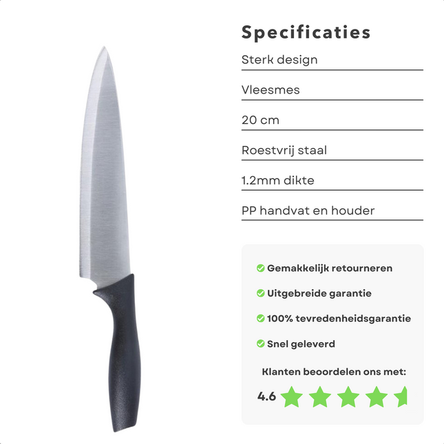 Cheqo® Vleesmes - 20cm - Incl. Houder & Slijper - Roestvrijstaal - Beschermhoes - Messenslijper - 1.2mm - PP Heft - RVS - Keukenmes - Vlijmscherp - Voor de Professional - Thuiskok Vleesmessen