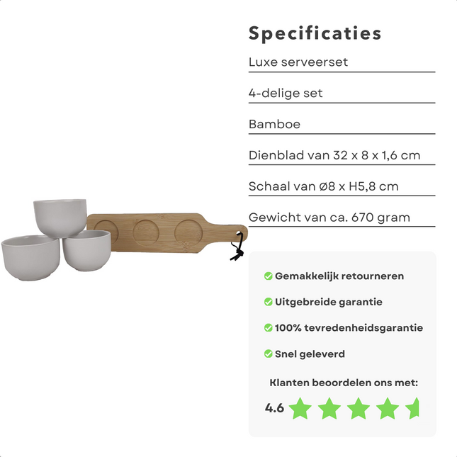 Cheqo® Tapasplank - Apero-serveer-set - 4-delig - 32x8x7cm - Bamboe - Wit - 1 Dienblad & 3 Kommetjes