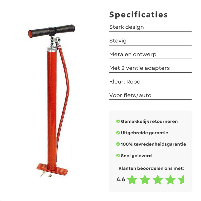 Cheqo® Robuuste Metalen Luchtpomp - Fietspomp - Geschikt voor Fiets en Auto Banden - Inclusief 2 Ventiel-Adapters - Professionele Bandenpomp - Universeel voor Motor, Personenauto, Fiets - Duurzaam & Efficiënt Fietspomp