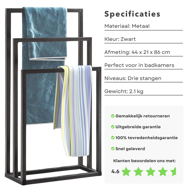 Vrijstaand zwart metalen handdoekrek met drie armen voor badkamer, 44x21x86 cm, inclusief product- en klantbeoordelingsspecificaties.