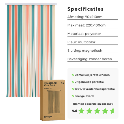 Cheqo® Insectenhor Deur - Vliegengordijn - Hordeur - Lamellenhor - Deurhor - Magnetische Sluiting - Multicolor - Gaas